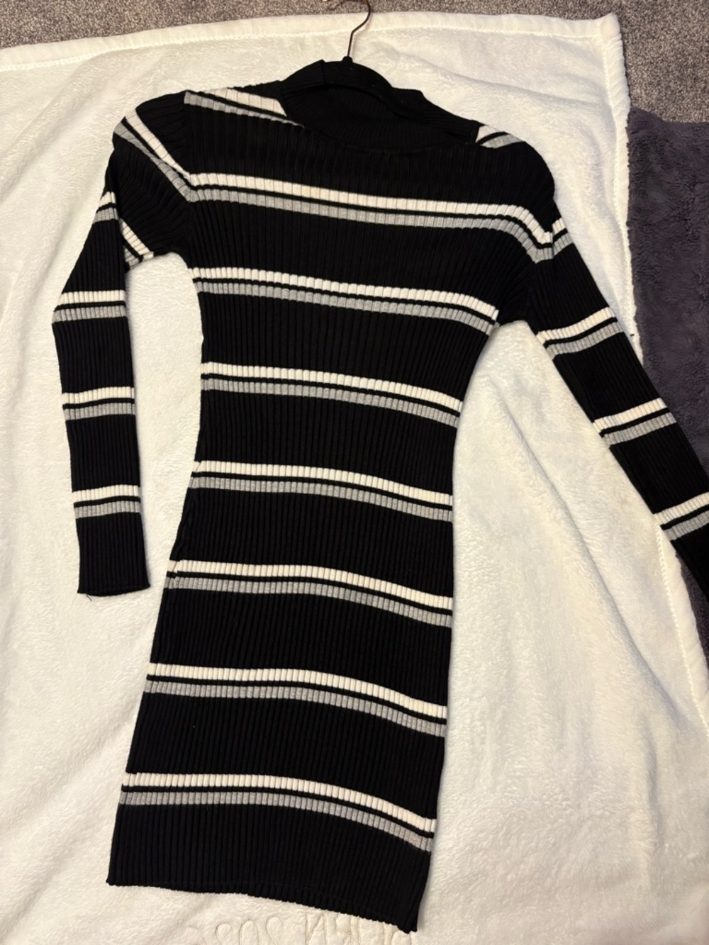 Black Ribbed Knit Dress with White Stripes